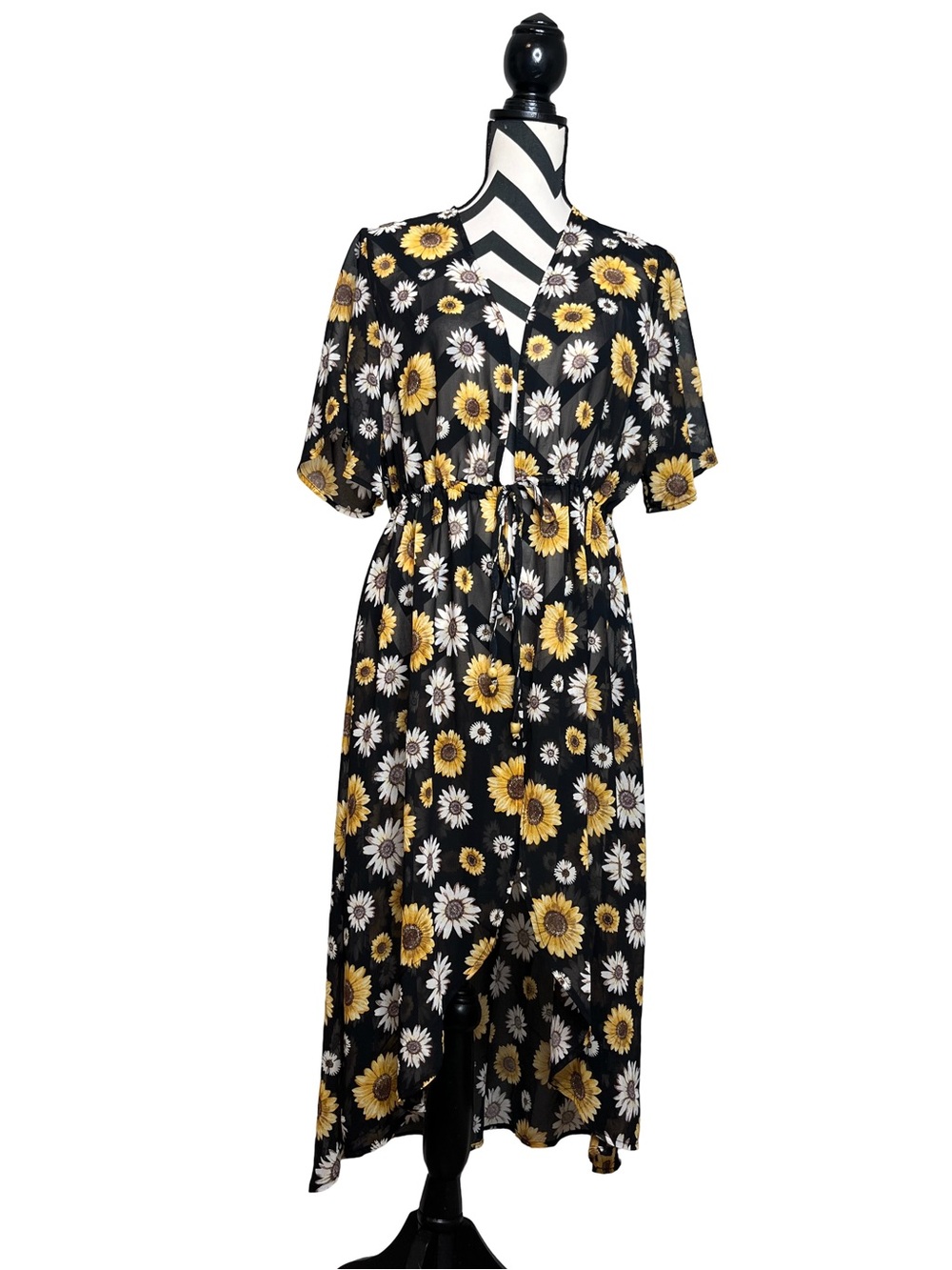 Boho Sunflower Floral Sheer Tie Waist Lightweight Kimono Sz XL